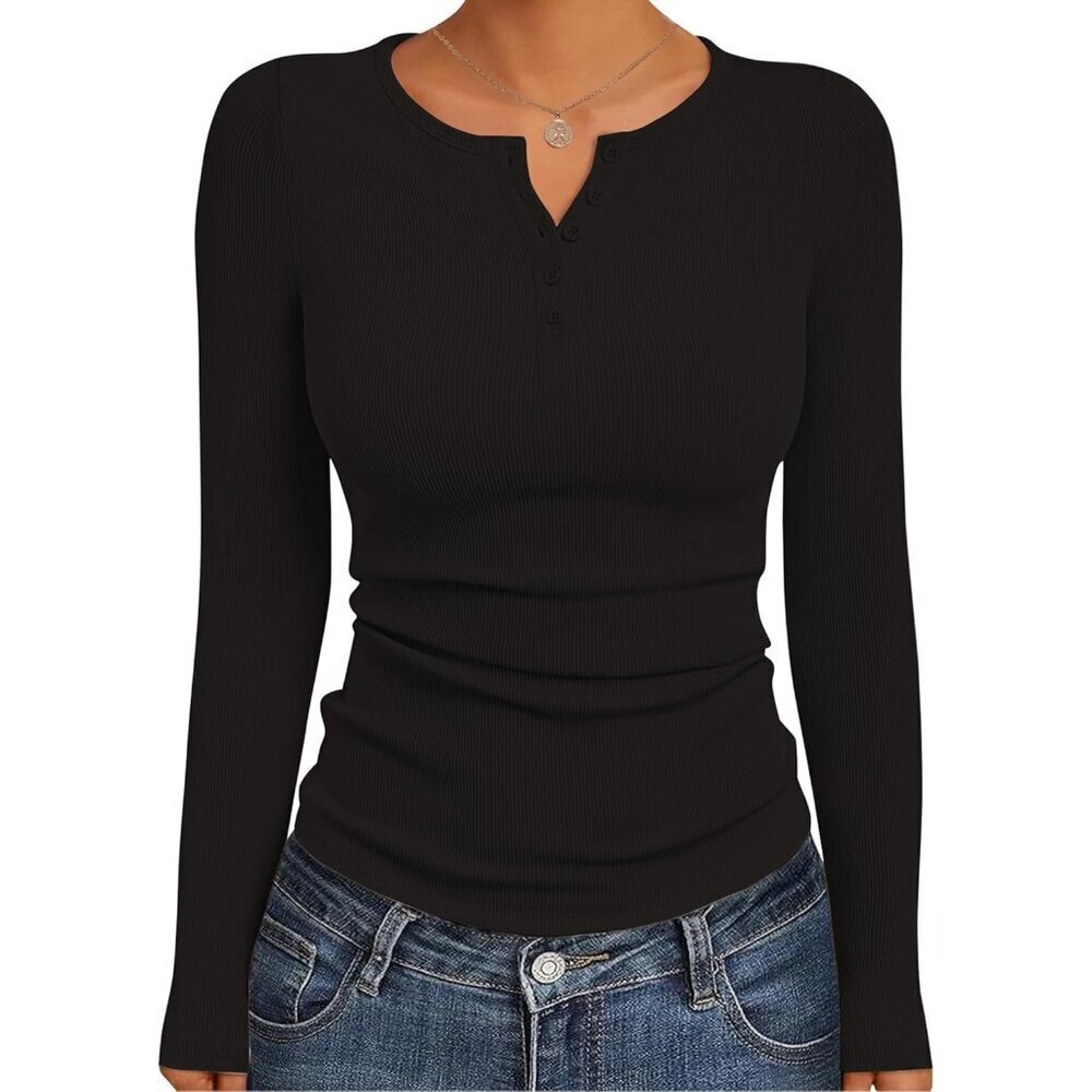Women's Ribbed Knit Henley Shirt Medium Soft Slim Fit Layering Top